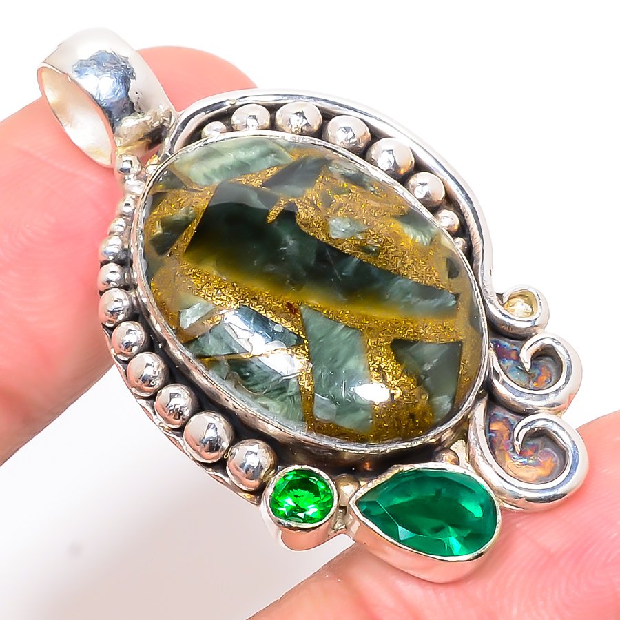 Copper Seraphinite & Emerald 925 Sterling Silver Pendant, Handmade Pendant, Oval Pendant, Green Pendant, Unique Silver Pendant, Fine Pendant, Silver Jewelry Pendant