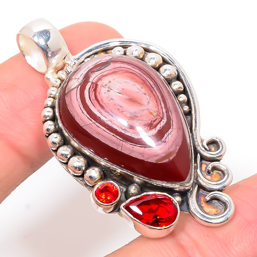 Snake Skin Jasper & Garnet 925 Sterling Silver Pendant, Handmade Pendant, Pear Pendant, Red Pendant, Unique Silver Pendant, Fine Pendant, Silver Jewelry Pendant