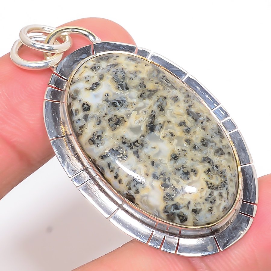Chalco Pyrite 925 Sterling Silver Pendant, Handmade Pendant, Oval Pendant, Gray Pendant, Unique Silver Pendant, Fine Pendant, Silver Jewelry Pendant