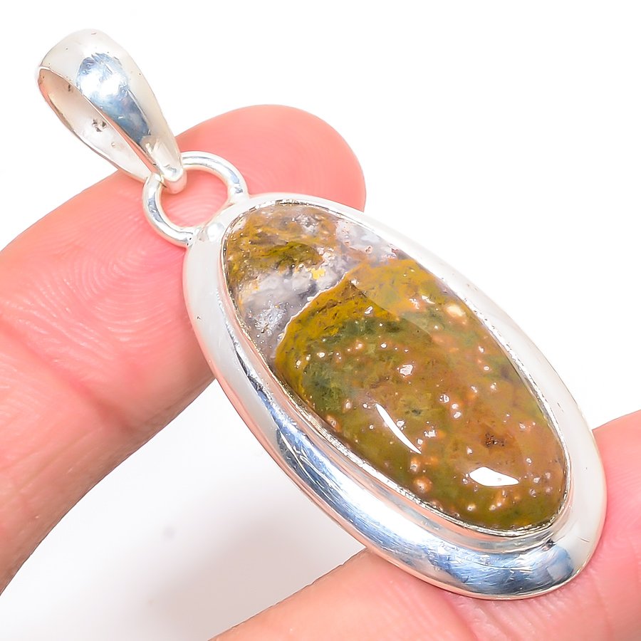 Ocean Jasper 925 Sterling Silver Pendant, Handmade Pendant, Oval Pendant, Green Pendant, Unique Silver Pendant, Fine Pendant, Silver Jewelry Pendant