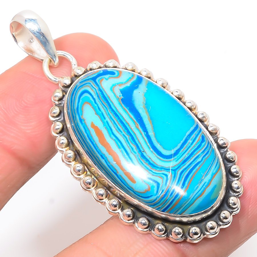 Rainbow Calsilica 925 Sterling Silver Pendant, Handmade Pendant, Oval Pendant, Blue Pendant, Unique Silver Pendant, Fine Pendant, Silver Jewelry Pendant