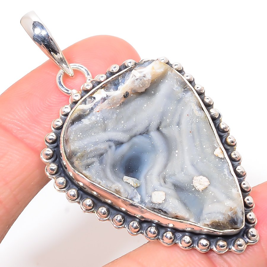 Desert Ross Drusy 925 Sterling Silver Pendant, Handmade Pendant, Pear Pendant, Silver Pendant, Unique Silver Pendant, Fine Pendant, Silver Jewelry Pendant