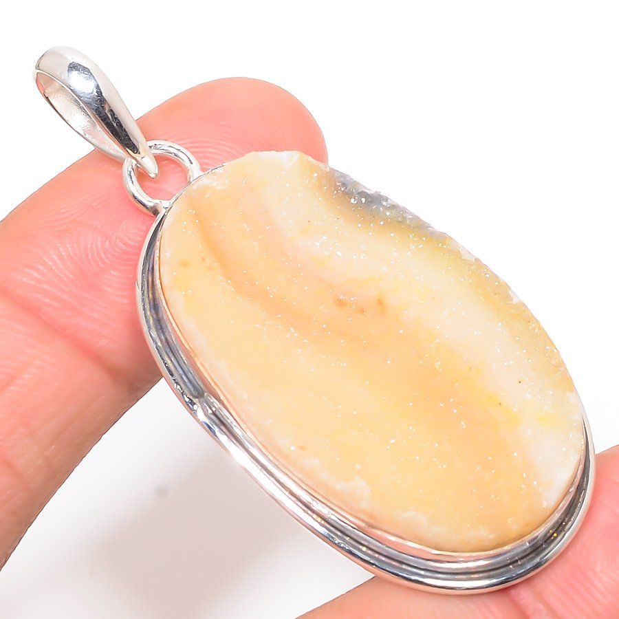 Desert Ross Drusy 925 Sterling Silver Pendant, Handmade Pendant, Oval Pendant, Yellow Pendant, Unique Silver Pendant, Fine Pendant, Silver Jewelry Pendant