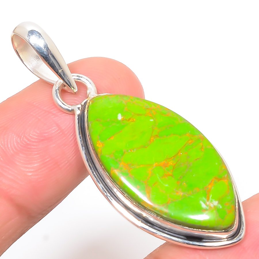 Copper Green Turquoise 925 Sterling Silver Pendant, Handmade Pendant, Marquise Pendant, Green Pendant, Unique Silver Pendant, Fine Pendant, Silver Jewelry Pendant