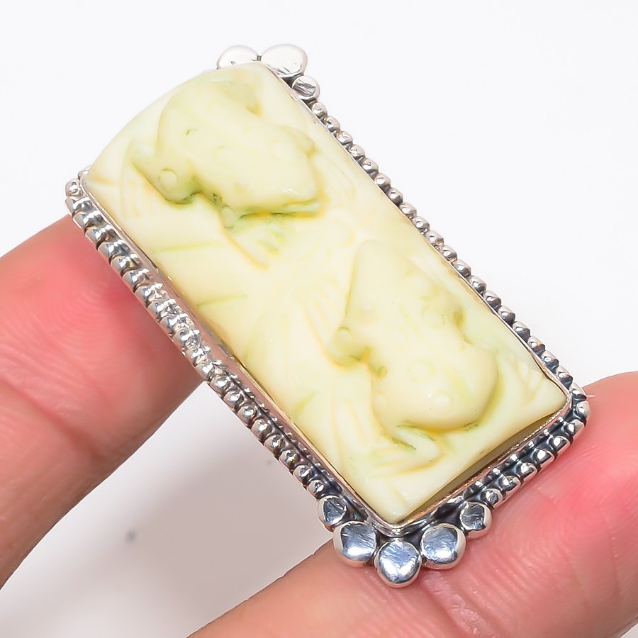 Carved Carved White Ceramic 925 Sterling Silver Pendant, Handmade Pendant, Baguette Pendant, Yellow Pendant, Unique Silver Pendant, Fine Pendant, Silver Jewelry Pendant