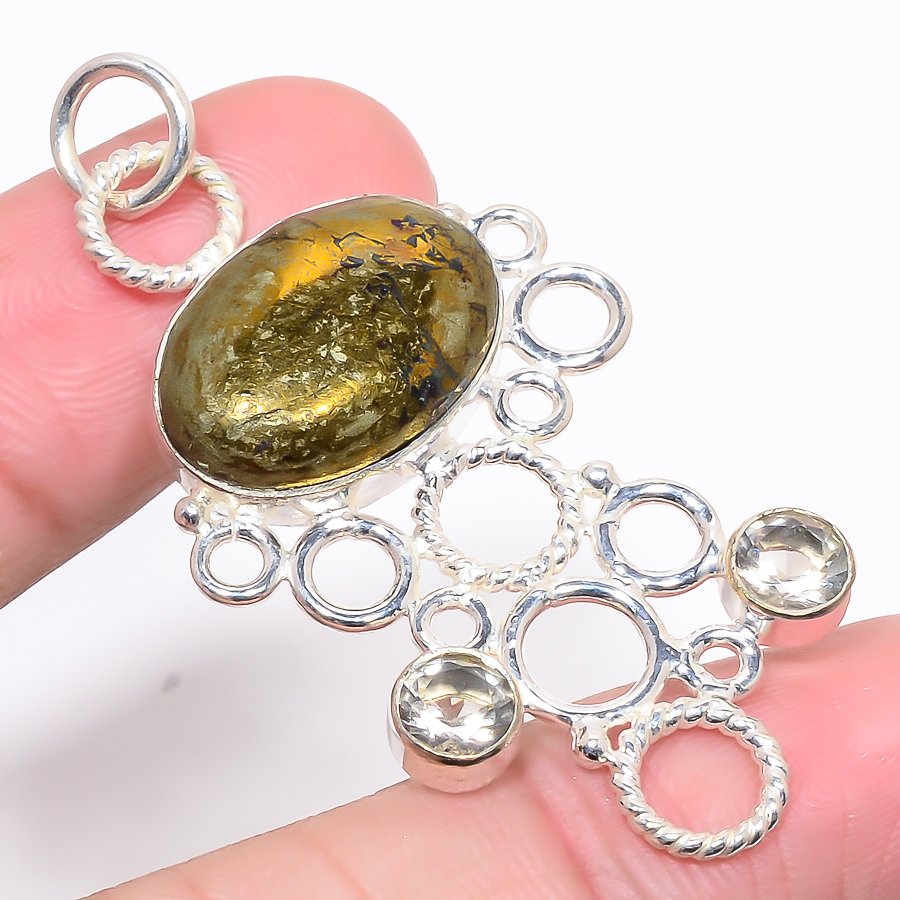 Apache Pyrite & White Topaz 925 Sterling Silver Pendant, Handmade Pendant, Oval Pendant, Golden Pendant, Unique Silver Pendant, Fine Pendant, Silver Jewelry Pendant