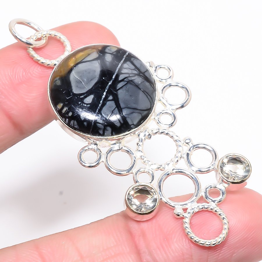 Picasso Jasper & White Topaz 925 Sterling Silver Pendant, Handmade Pendant, Round Pendant, Black Pendant, Unique Silver Pendant, Fine Pendant, Silver Jewelry Pendant
