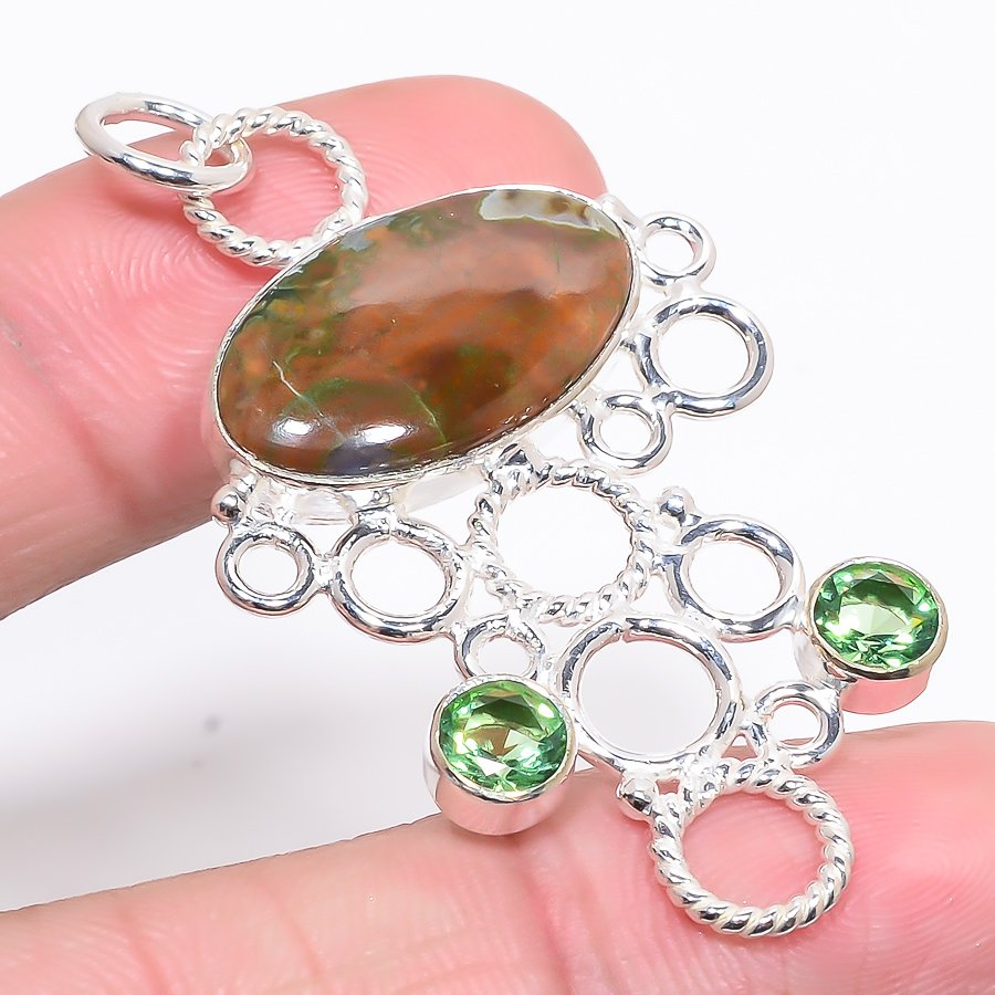 Rainforest Jasper & Peridot 925 Sterling Silver Pendant, Handmade Pendant, Oval Pendant, Green Pendant, Unique Silver Pendant, Fine Pendant, Silver Jewelry Pendant