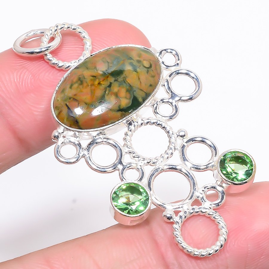 Rainforest Jasper & Peridot 925 Sterling Silver Pendant, Handmade Pendant, Oval Pendant, Green Pendant, Unique Silver Pendant, Fine Pendant, Silver Jewelry Pendant