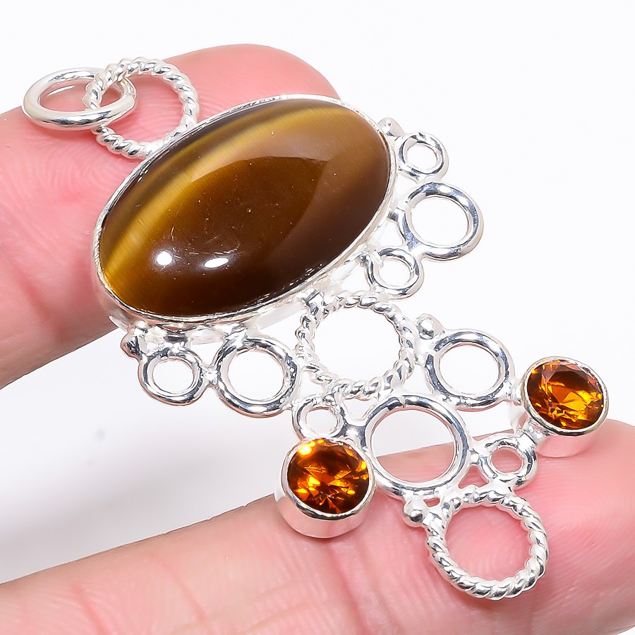 Thai Tiger Eye & Citrine 925 Sterling Silver Pendant, Handmade Pendant, Oval Pendant, Yellow Pendant, Unique Silver Pendant, Fine Pendant, Silver Jewelry Pendant