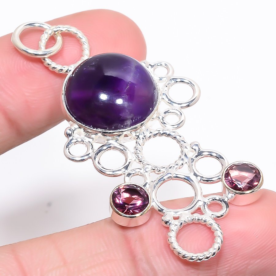 Amethyst & Pink Amethyst 925 Sterling Silver Pendant, Handmade Pendant, Round Pendant, Purple Pendant, Unique Silver Pendant, Fine Pendant, Silver Jewelry Pendant