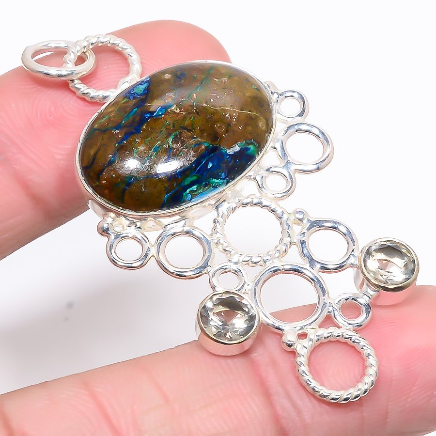 Azurite Malachite & White Topaz 925 Sterling Silver Pendant, Handmade Pendant, Oval Pendant, Blue Pendant, Unique Silver Pendant, Fine Pendant, Silver Jewelry Pendant