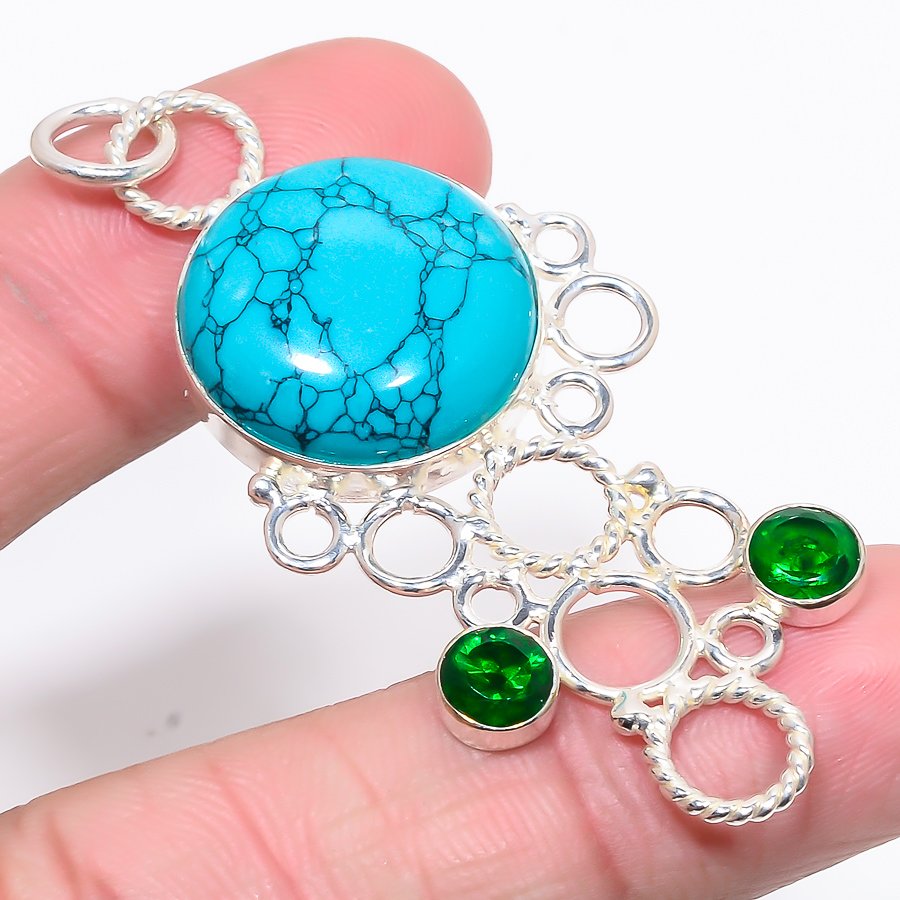 Santa Rosa Turquoise & Chrome Diopside 925 Sterling Silver Pendant, Handmade Pendant, Round Pendant, Blue Pendant, Unique Silver Pendant, Fine Pendant, Silver Jewelry Pendant