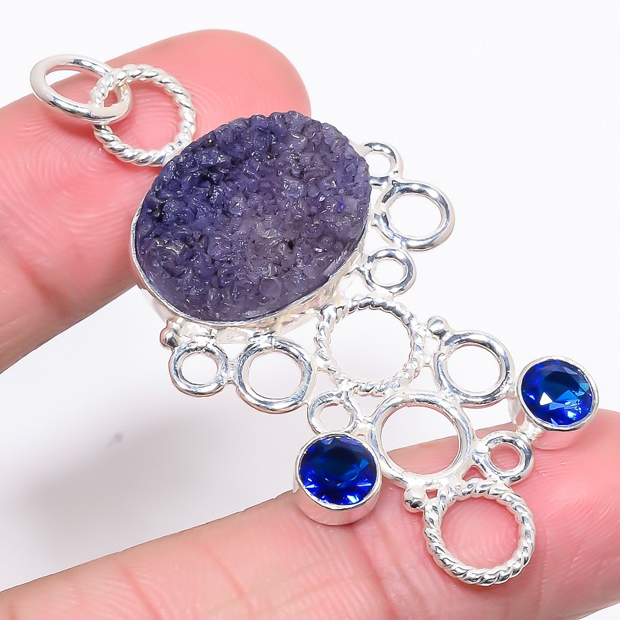 Indigolite Drusy & Blue Sapphire 925 Sterling Silver Pendant, Handmade Pendant, Oval Pendant, Blue Pendant, Unique Silver Pendant, Fine Pendant, Silver Jewelry Pendant