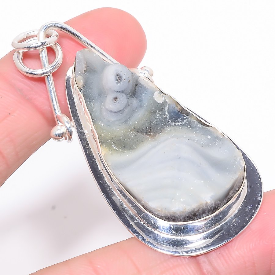 Desert Rose Drusy 925 Sterling Silver Pendant, Handmade Pendant, Pear Pendant, White Pendant, Unique Silver Pendant, Fine Pendant, Silver Jewelry Pendant