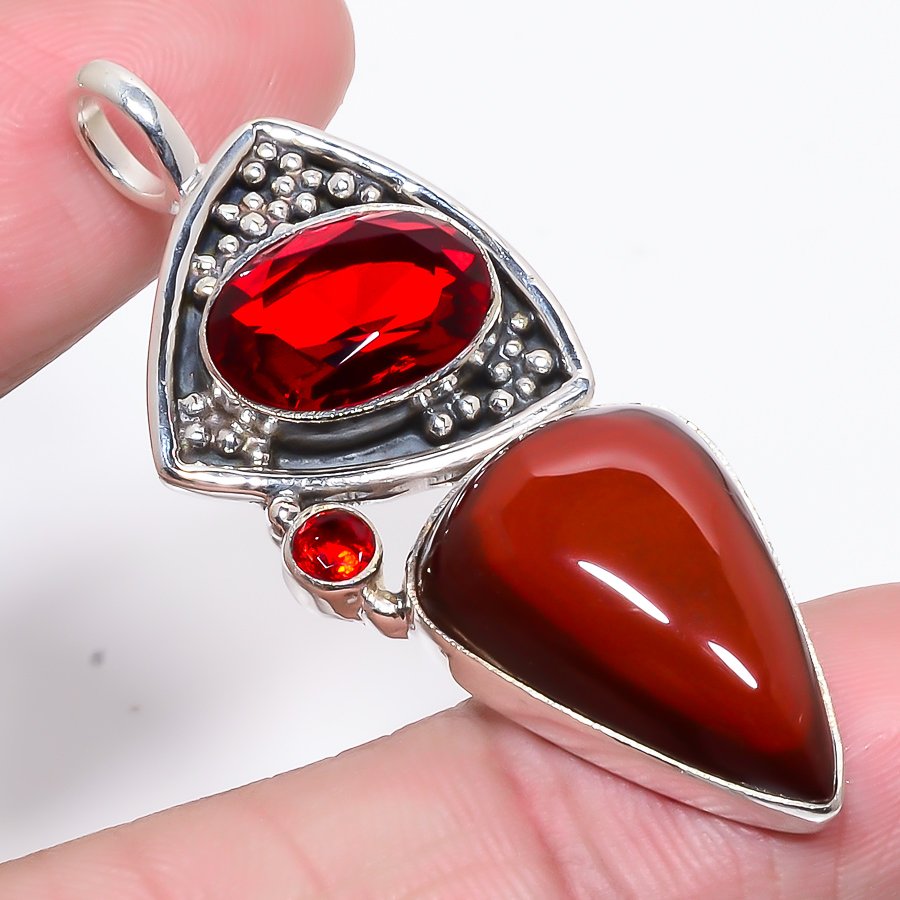 Bull'S Eye Mookaite & Garnet 925 Sterling Silver Pendant, Handmade Pendant, Pear Pendant, Red Pendant, Unique Silver Pendant, Fine Pendant, Silver Jewelry Pendant