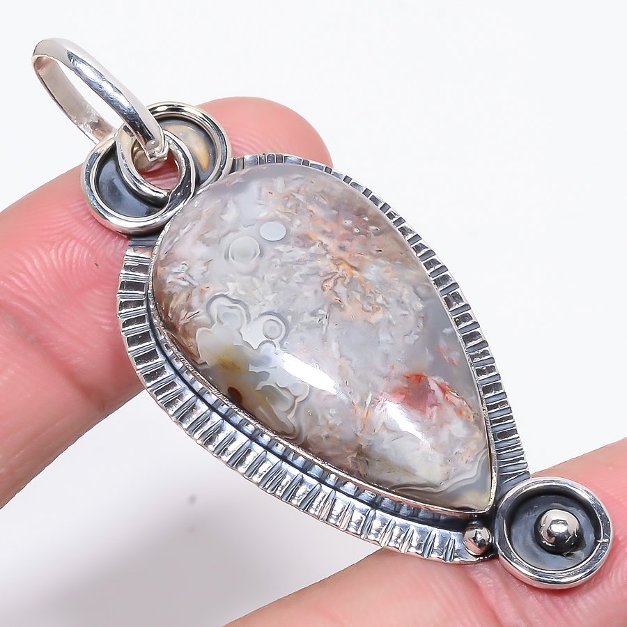 Laguna Lace Agate 925 Sterling Silver Pendant, Handmade Pendant, Pear Pendant, Gray Pendant, Unique Silver Pendant, Fine Pendant, Silver Jewelry Pendant