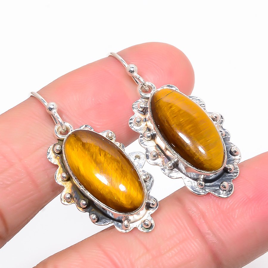 Thai Tiger'S Eye 925 Sterling Silver Earring, Drop Dangle Earring, Gift For Her, Oval Earring, Yellow Earring, Silver Jewelry Earring