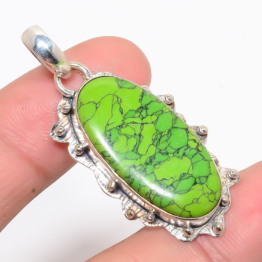 Green Turquoise 925 Sterling Silver Pendant, Handmade Pendant, Oval Pendant, Green Pendant, Unique Silver Pendant, Fine Pendant, Silver Jewelry Pendant