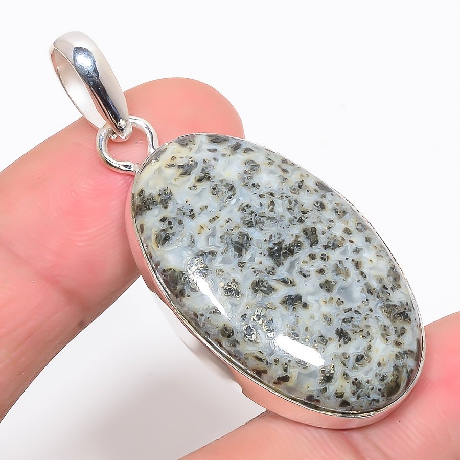 Chalco Pyrite 925 Sterling Silver Pendant, Handmade Pendant, Oval Pendant, Gray Pendant, Unique Silver Pendant, Fine Pendant, Silver Jewelry Pendant