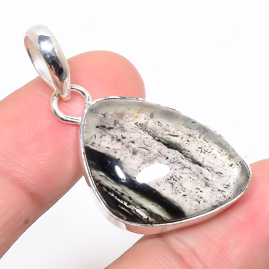 Black Moss Quartz 925 Sterling Silver Pendant, Handmade Pendant, Trillion Pendant, Black Pendant, Unique Silver Pendant, Fine Pendant, Silver Jewelry Pendant