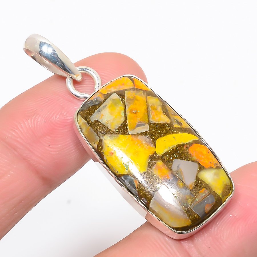 Copper Bumble Bee Jasper 925 Sterling Silver Pendant, Handmade Pendant, Cushion Pendant, Yellow Pendant, Unique Silver Pendant, Fine Pendant, Silver Jewelry Pendant