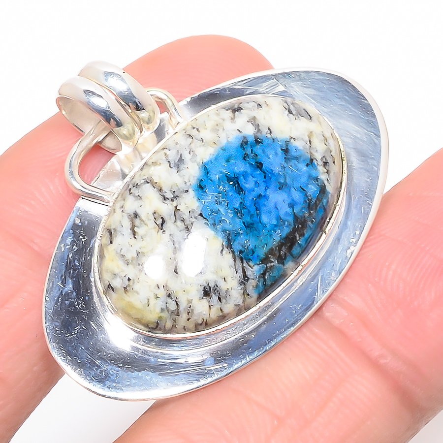 K2 Blue Azurite 925 Sterling Silver Pendant, Handmade Pendant, Oval Pendant, Blue Pendant, Unique Silver Pendant, Fine Pendant, Silver Jewelry Pendant