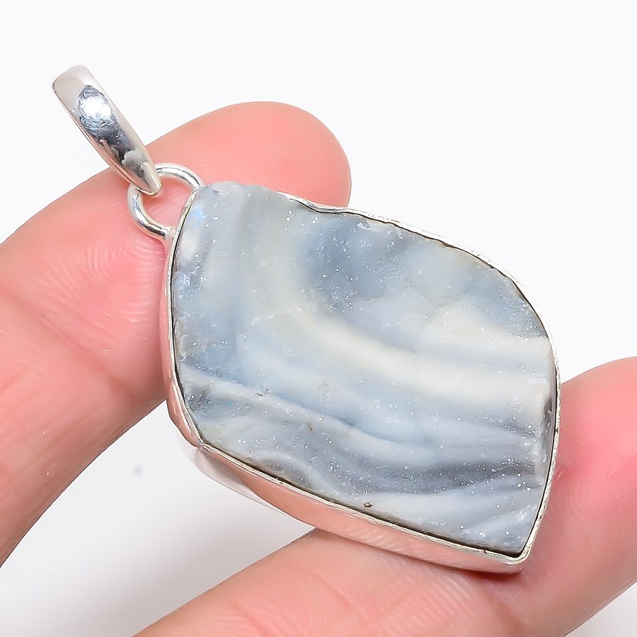 Desert Rose Drusy 925 Sterling Silver Pendant, Handmade Pendant, Marquise Pendant, White Pendant, Unique Silver Pendant, Fine Pendant, Silver Jewelry Pendant