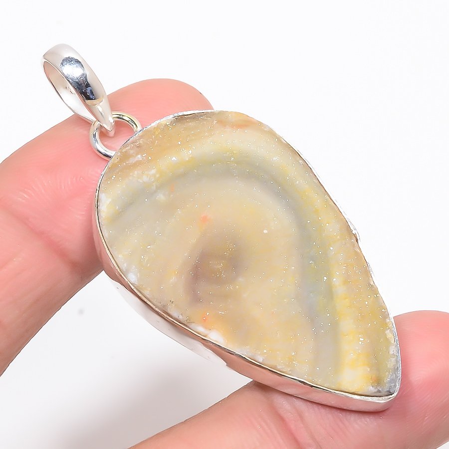 Desert Rose Drusy 925 Sterling Silver Pendant, Handmade Pendant, Pear Pendant, Yellow Pendant, Unique Silver Pendant, Fine Pendant, Silver Jewelry Pendant