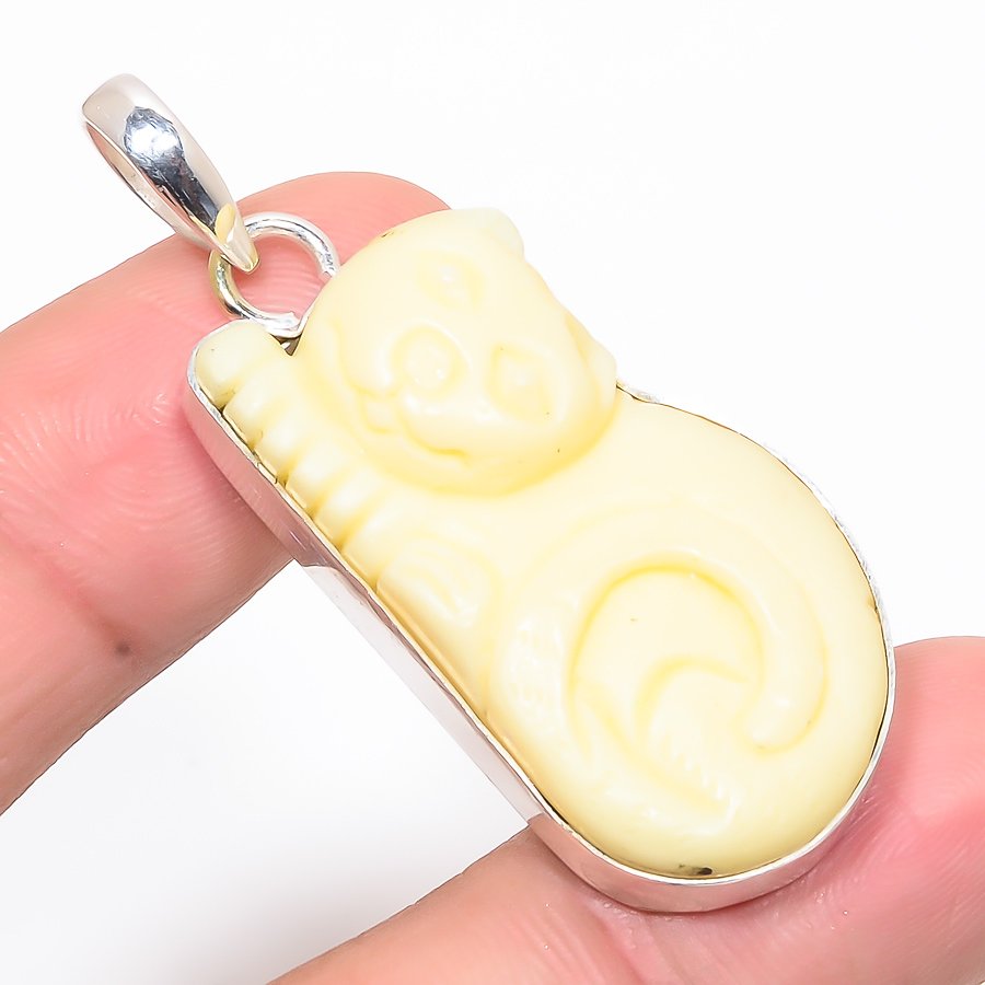 Carved White Ceramic Koala 925 Sterling Silver Pendant, Handmade Pendant, Oval Pendant, White Pendant, Unique Silver Pendant, Fine Pendant, Silver Jewelry Pendant
