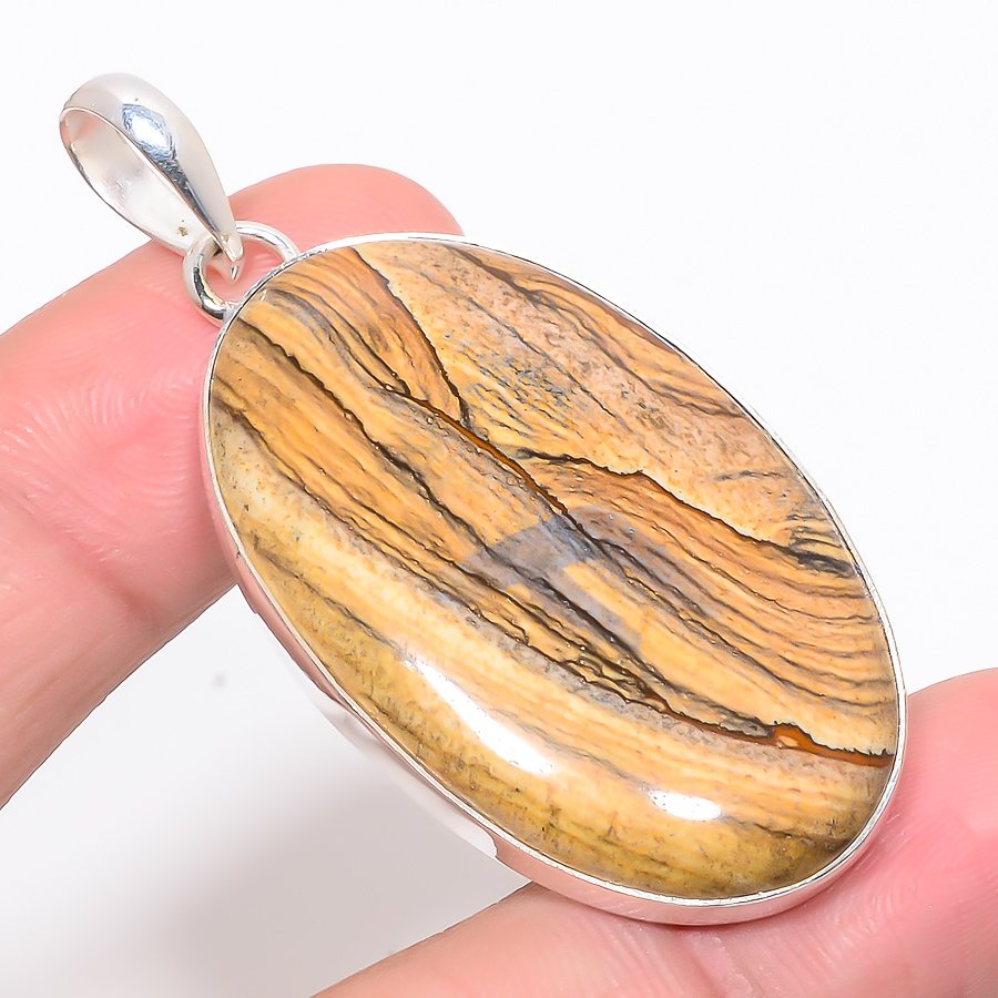 Picture Jasper 925 Sterling Silver Pendant, Handmade Pendant, Oval Pendant, Yellow Pendant, Unique Silver Pendant, Fine Pendant, Silver Jewelry Pendant