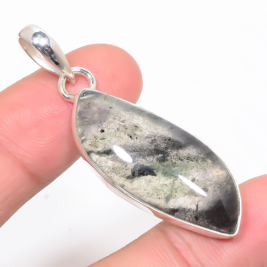 Black Moss Quartz 925 Sterling Silver Pendant, Handmade Pendant, Marquise Pendant, Black Pendant, Unique Silver Pendant, Fine Pendant, Silver Jewelry Pendant