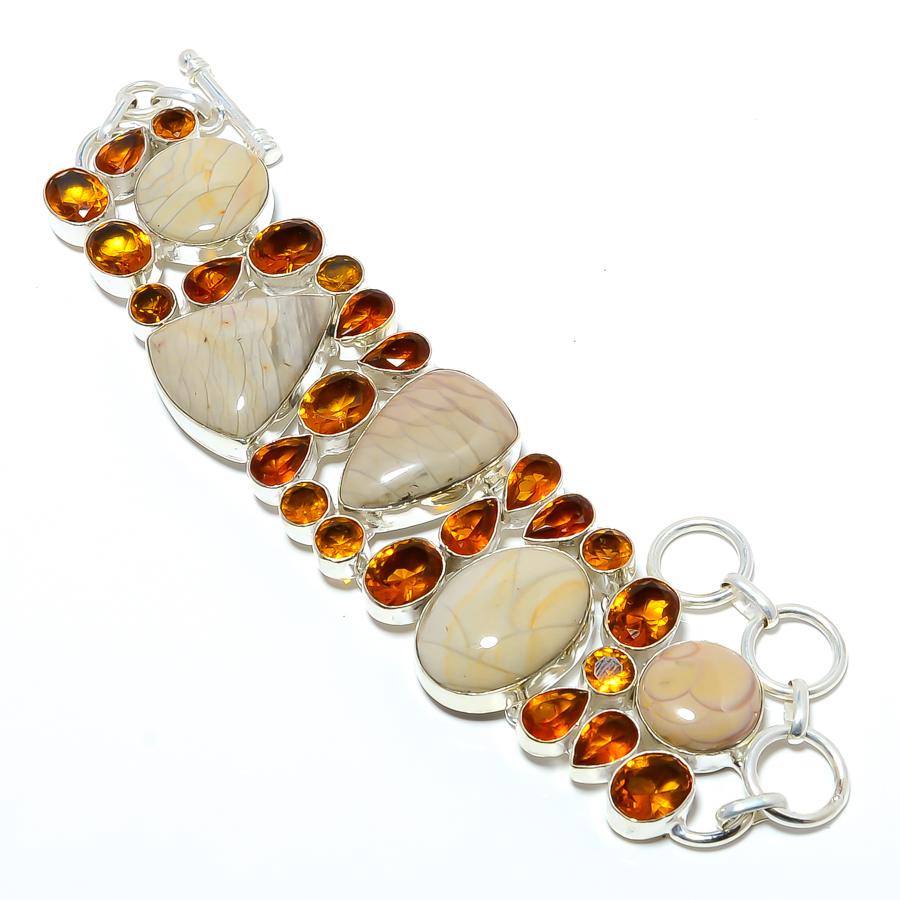Landscape Jasper & Golden Quartz 925 Sterling Silver Ethnic Bracelet 