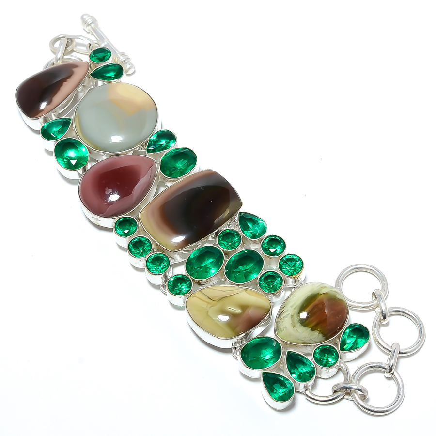 Imperial Jasper, Emerald (Simulated) 925 Sterling Silver Ethnic Bracelet 