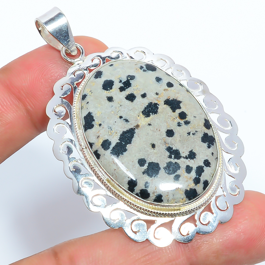 Dalmation Jasper 925 Sterling Silver Pendant, Handmade Pendant, Oval Pendant, Gray Pendant, Unique Silver Pendant, Fine Pendant, Silver Jewelry Pendant