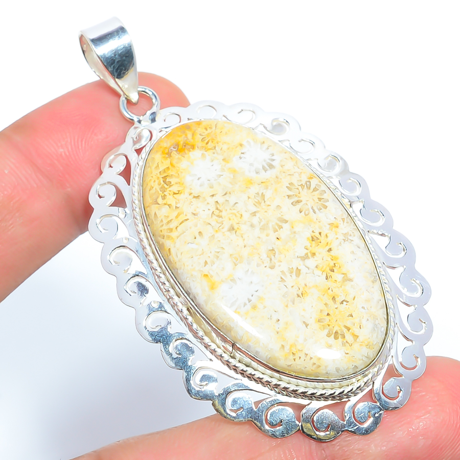 Fossil Coral 925 Sterling Silver Pendant, Handmade Pendant, Oval Pendant, Yellow Pendant, Unique Silver Pendant, Fine Pendant, Silver Jewelry Pendant