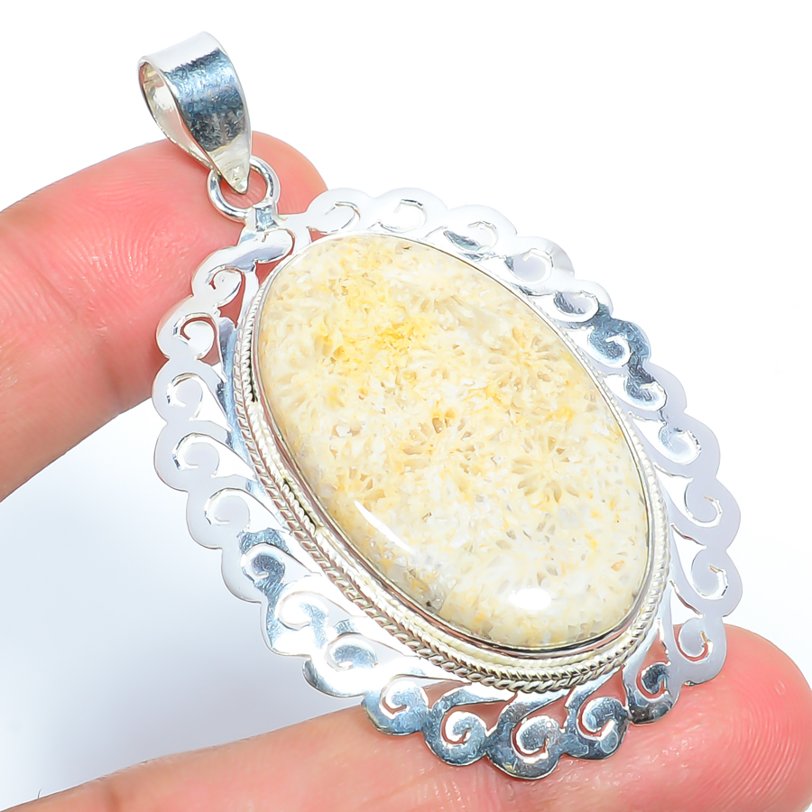 Fossil Coral 925 Sterling Silver Pendant, Handmade Pendant, Oval Pendant, Yellow Pendant, Unique Silver Pendant, Fine Pendant, Silver Jewelry Pendant