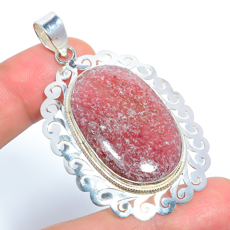 Black Manganese In Rhodonite 925 Sterling Silver Pendant, Handmade Pendant, Oval Pendant, Pink Pendant, Unique Silver Pendant, Fine Pendant, Silver Jewelry Pendant