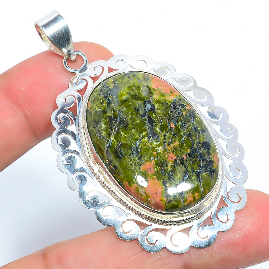 Unakite Jasper Silver Filigree Pendant, Handmade Pendant, Oval Pendant, Green Pendant, Unique Silver Pendant, Fine Pendant, Silver Jewelry Pendant