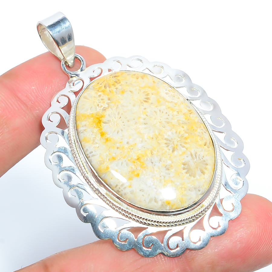 Fossil Coral 925 Sterling Silver Pendant, Handmade Pendant, Oval Pendant, Yellow Pendant, Unique Silver Pendant, Fine Pendant, Silver Jewelry Pendant
