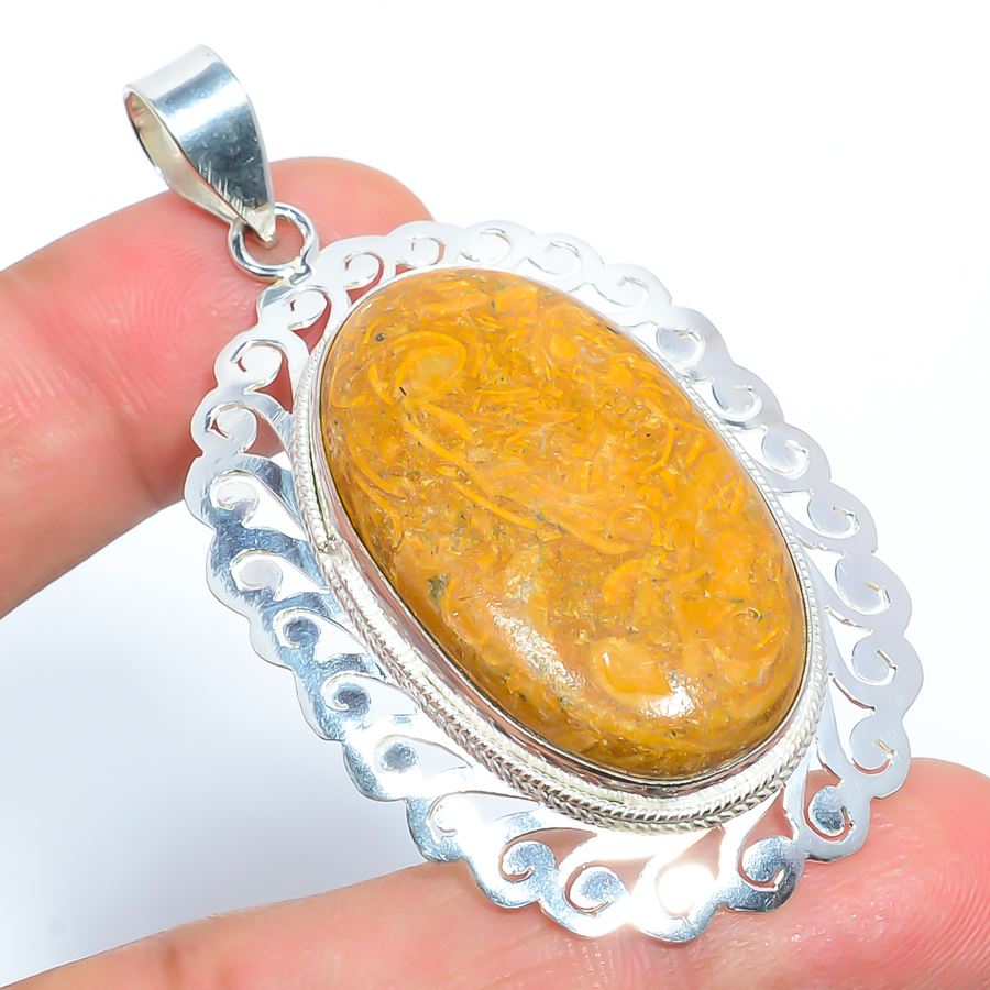 Marium Jasper 925 Sterling Silver Pendant, Handmade Pendant, Oval Pendant, Yellow Pendant, Unique Silver Pendant, Fine Pendant, Silver Jewelry Pendant