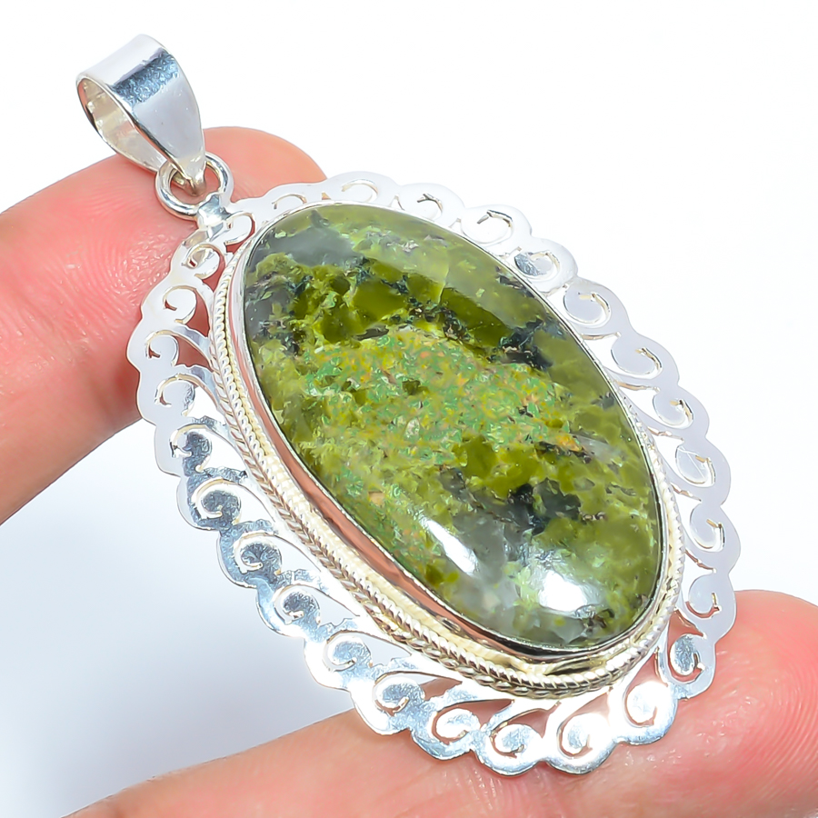 Unakite Jasper Silver Filigree Pendant, Handmade Pendant, Oval Pendant, Green Pendant, Unique Silver Pendant, Fine Pendant, Silver Jewelry Pendant