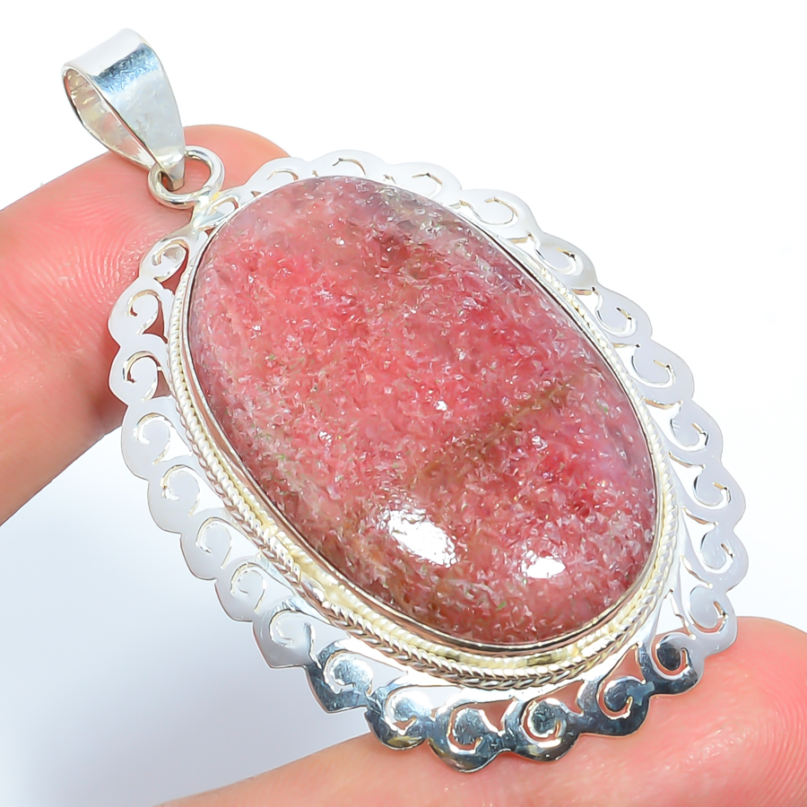 Black Manganese In Rhodonite 925 Sterling Silver Pendant, Handmade Pendant, Oval Pendant, Pink Pendant, Unique Silver Pendant, Fine Pendant, Silver Jewelry Pendant