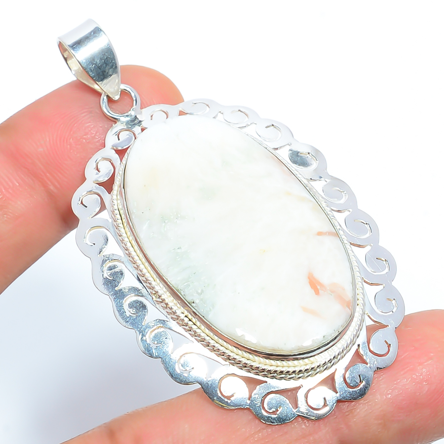 Orange Scolecite 925 Sterling Silver Pendant, Handmade Pendant, Oval Pendant, Orange Pendant, Unique Silver Pendant, Fine Pendant, Silver Jewelry Pendant