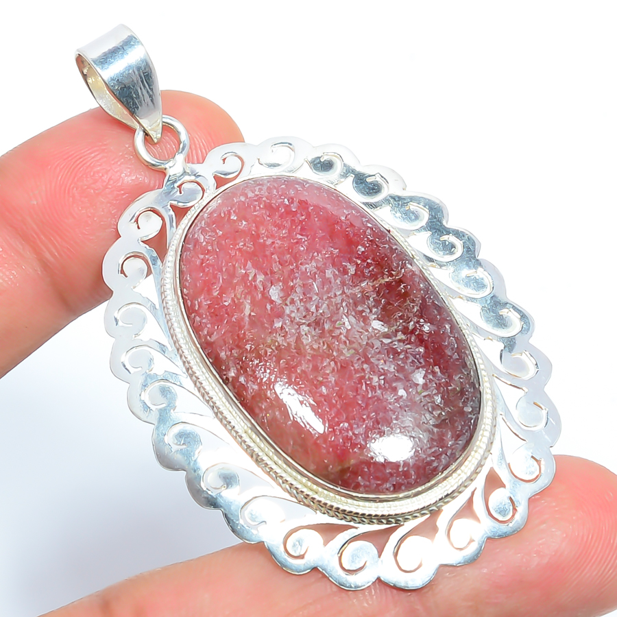 Black Manganese In Rhodonite 925 Sterling Silver Pendant, Handmade Pendant, Oval Pendant, Pink Pendant, Unique Silver Pendant, Fine Pendant, Silver Jewelry Pendant