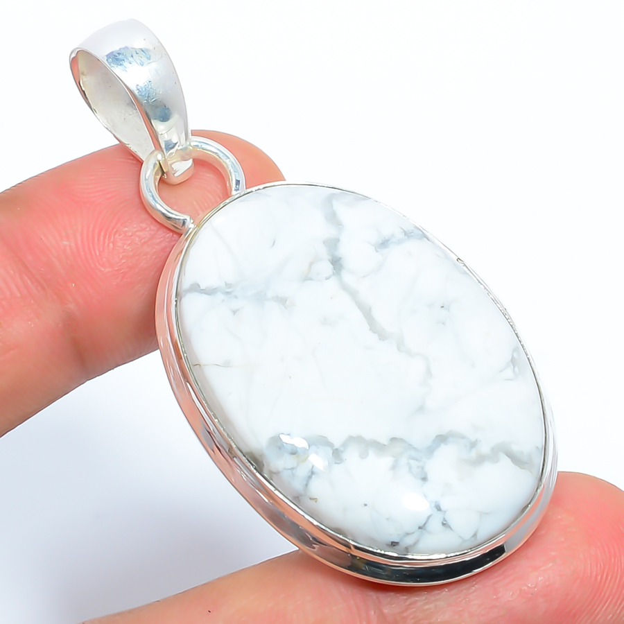 Howlite 925 Sterling Silver Pendant, Handmade Pendant, Oval Pendant, White Pendant, Unique Silver Pendant, Fine Pendant, Silver Jewelry Pendant