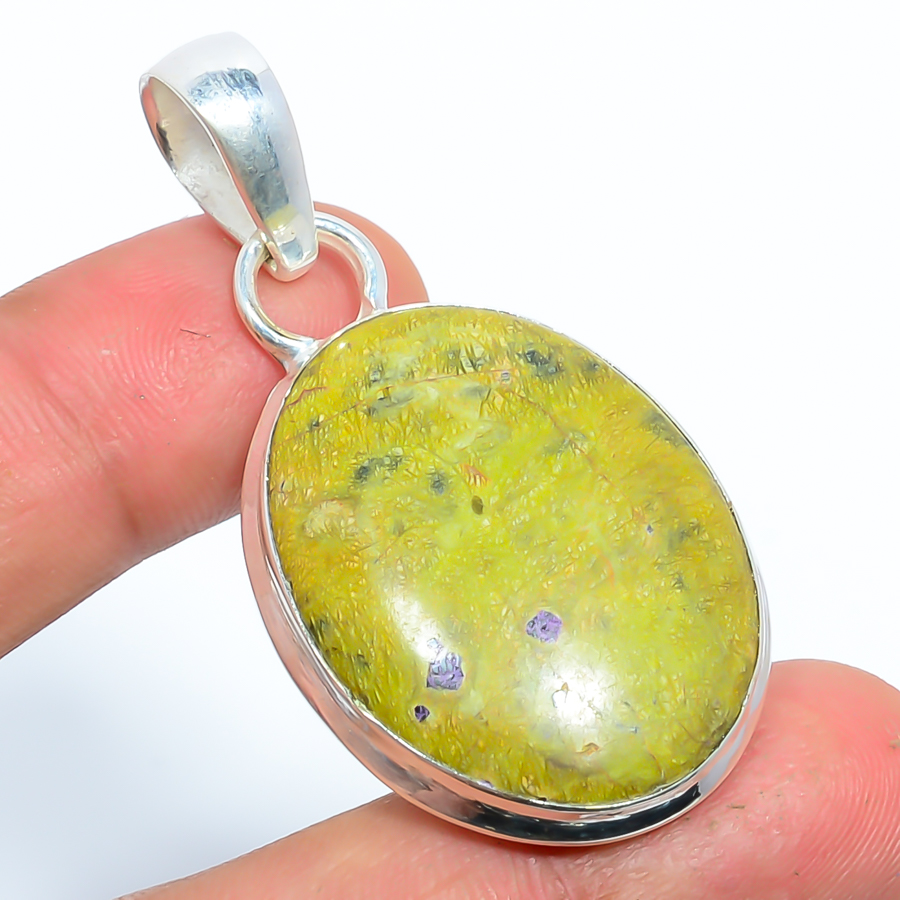 Atlantisite Stichite 925 Sterling Silver Pendant, Handmade Pendant, Oval Pendant, Green Pendant, Unique Silver Pendant, Fine Pendant, Silver Jewelry Pendant