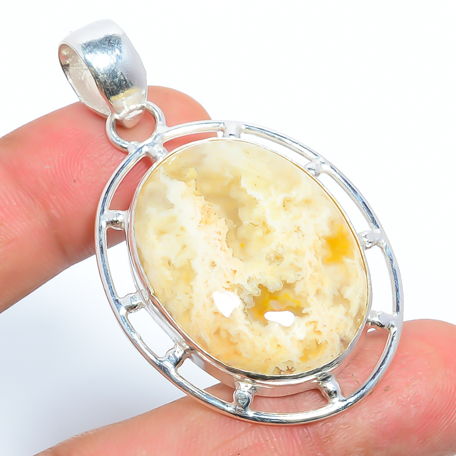 Fossil Coral 925 Sterling Silver Pendant, Handmade Pendant, Oval Pendant, Yellow Pendant, Unique Silver Pendant, Fine Pendant, Silver Jewelry Pendant