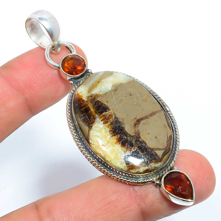 Septerian Stone & Garnet 925 Sterling Silver Pendant, Handmade Pendant, Oval Pendant, Brown Pendant, Unique Silver Pendant, Fine Pendant, Silver Jewelry Pendant