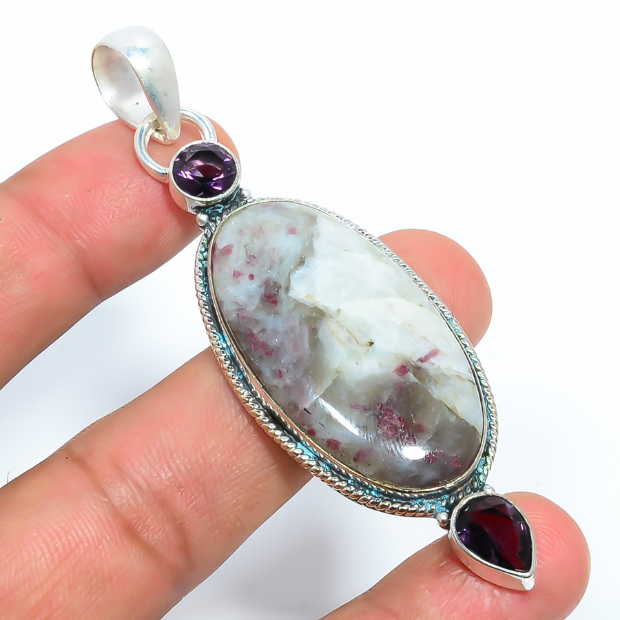Pink Tourmaline & Amethyst 925 Sterling Silver Pendant, Handmade Pendant, Oval Pendant, Pink Pendant, Unique Silver Pendant, Fine Pendant, Silver Jewelry Pendant